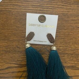 Giddy Up Glamour Teal and Brown Tassel Earrings